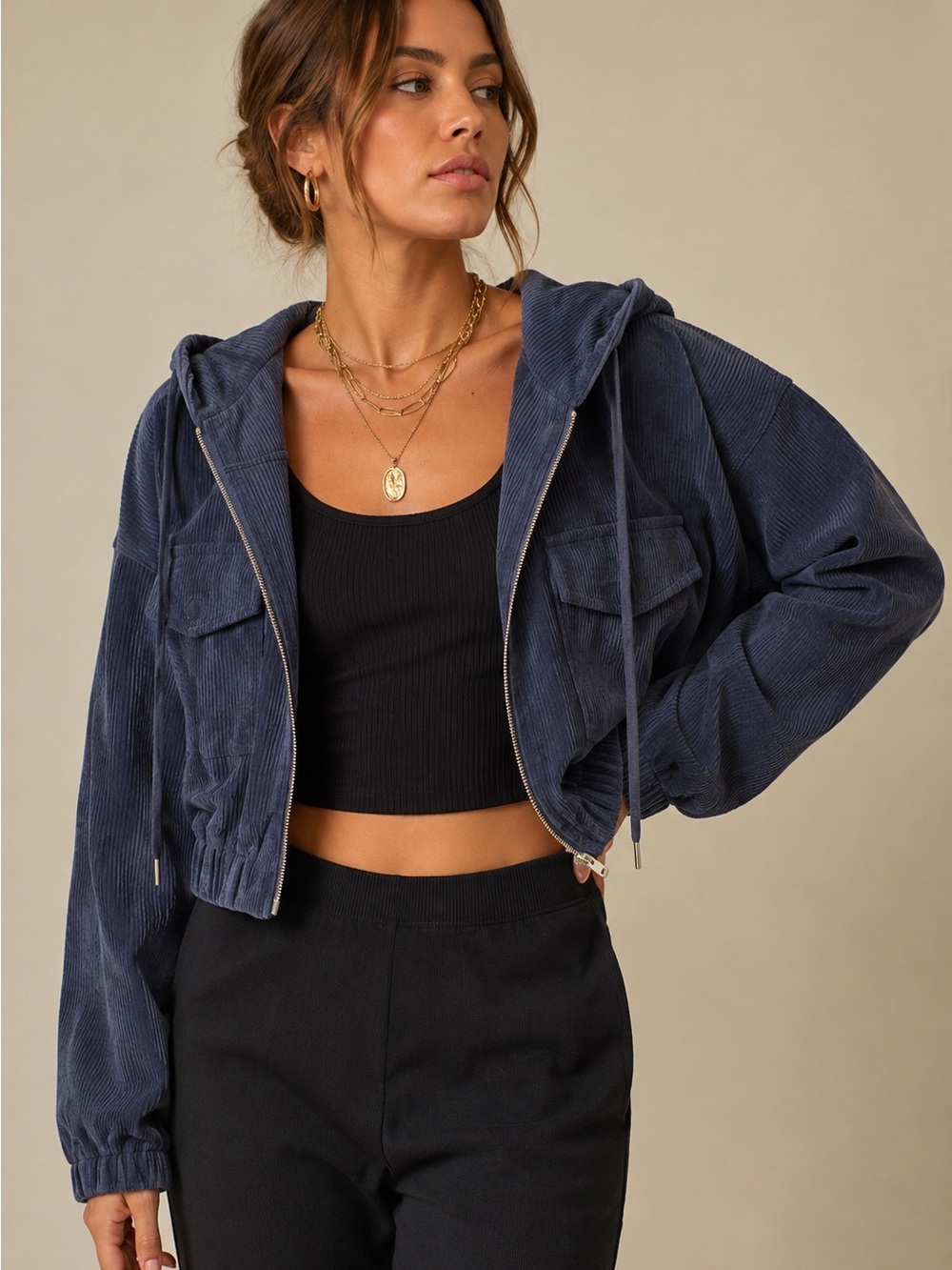 Blue Blush Cropped Lightweight Corduroy Hooded Bomber Jacket Size Small